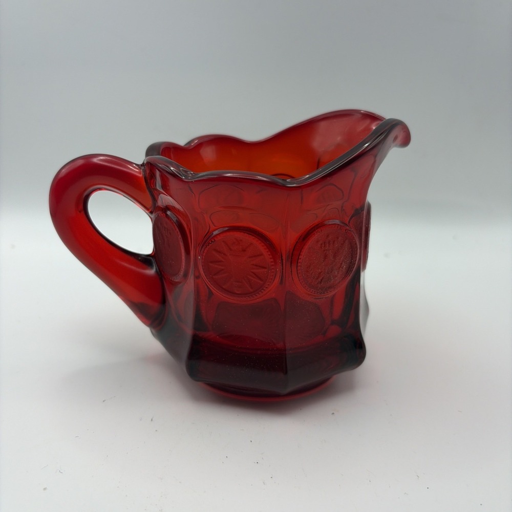 Vintage Fostoria Glass Company Red Coin Creamer Pitcher Eagle Torch Star Coins